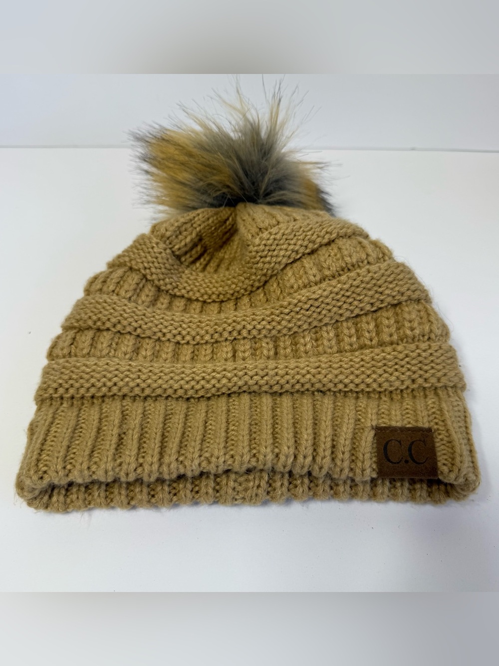 CC Brand Tan Cable Knit Faux Fur Pom Pom Beanie Winter Hat
